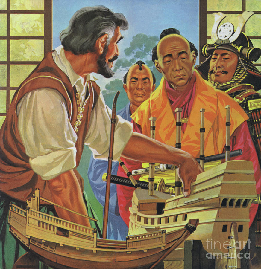 Will Adams shows a model boat to the Shogun Painting by Angus McBride