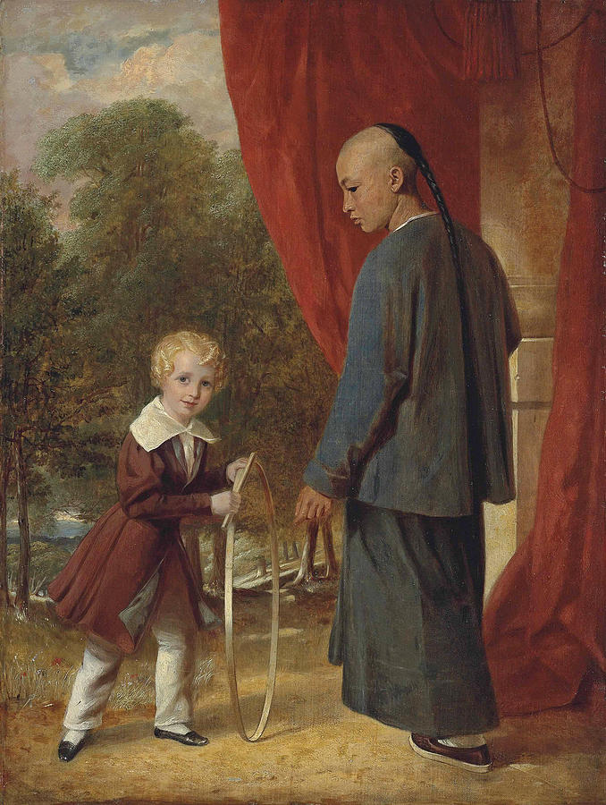 William Henry Ker playing with a hoop, with a Chinese attendant Painting by Aaron Edwin Penley