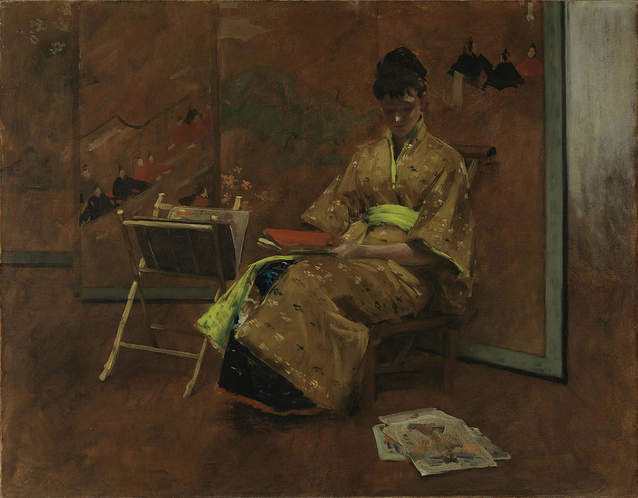 William Merritt Chase -Williamsburg, 1849-New York, 1916-. A Girl in Japanese Gown. The Kimono -c... Painting by William Merritt Chase -1849-1916-