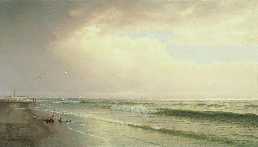 William Trost Richards -Filadelfia, 1833-Newport, 1905-. Seascape with Distant Lighthouse, Atlant... Painting by William Trost Richards -1833-1905-