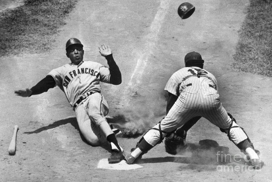 Willie Mays Photograph - Willie Mays Sliding Into Home Plate by Bettmann