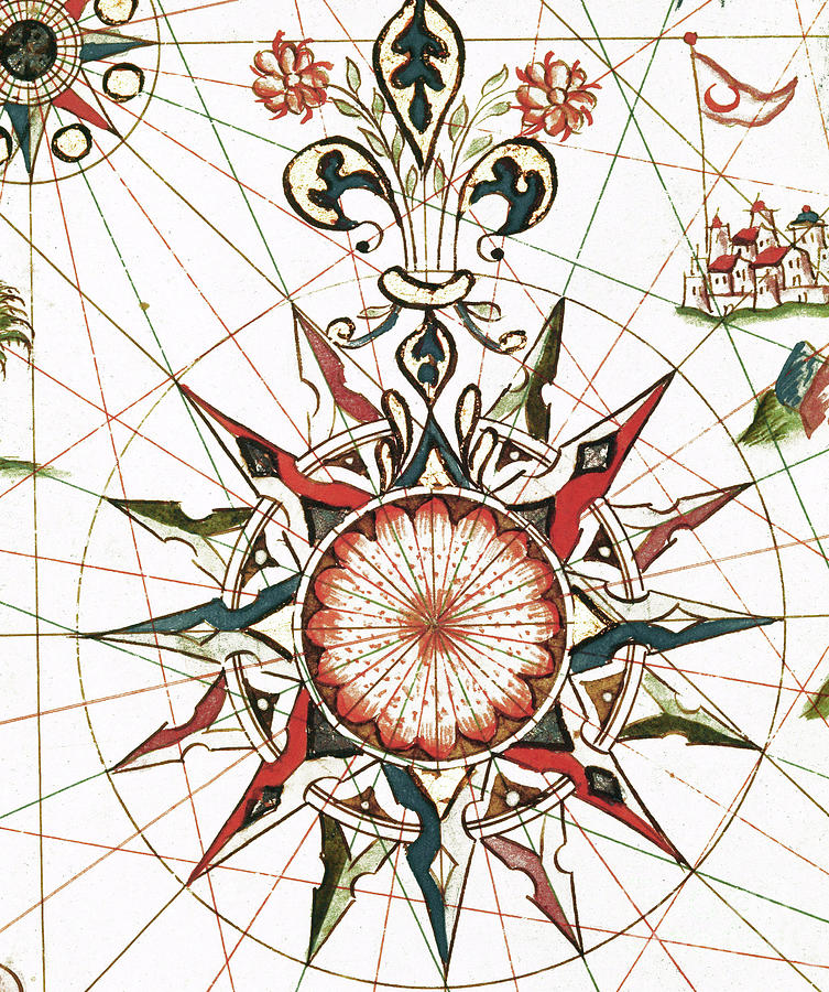 Map Drawing - Wind Rose Detail of the portulan of Castellini, 17th century by European School