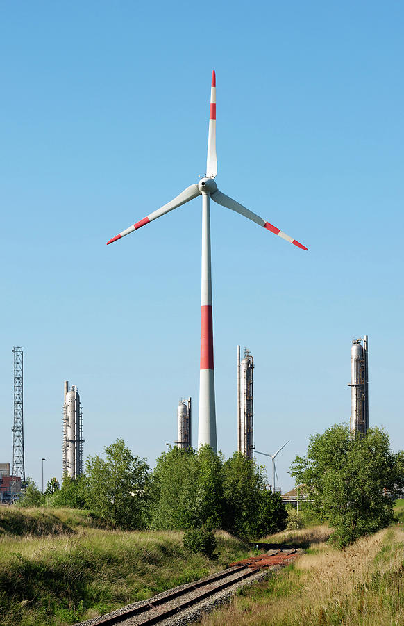 Summer Digital Art - Wind Turbine In Front Of Petro-chemical Installation In Antwerp Harbor, Antwerp, Belgium by Mischa Keijser