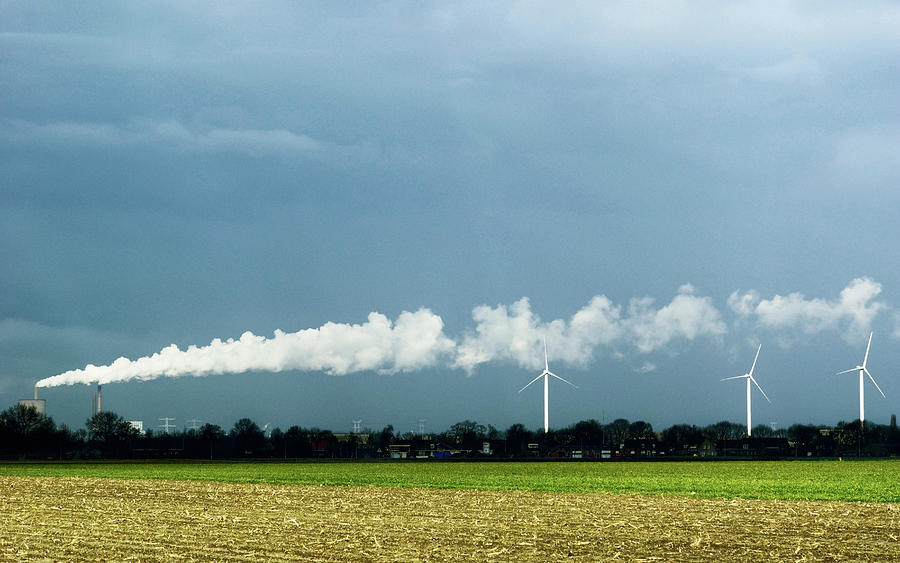 Nature Digital Art - Wind Turbines And Factory Smoke by Mischa Keijser