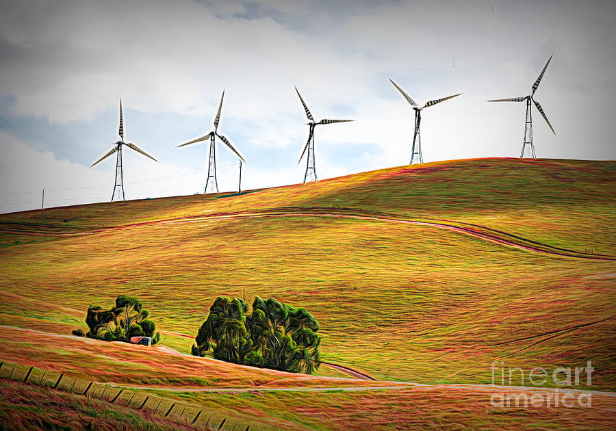 Wind Turbines Hilltop Power Energy  Digital Art by Chuck Kuhn