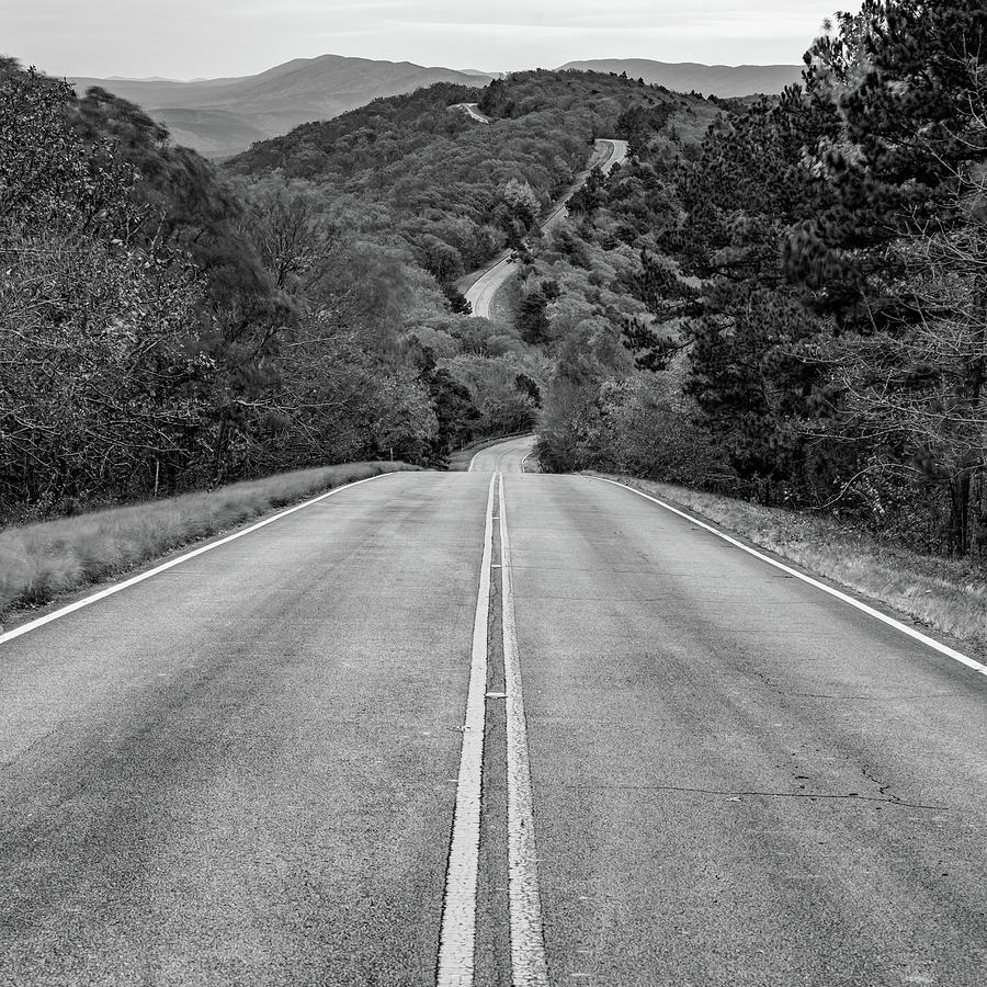 Black And White Photograph - Winding Stair Mountain - Talimena Scenic Byway Drive - Black and White Square Format by Gregory Ballos