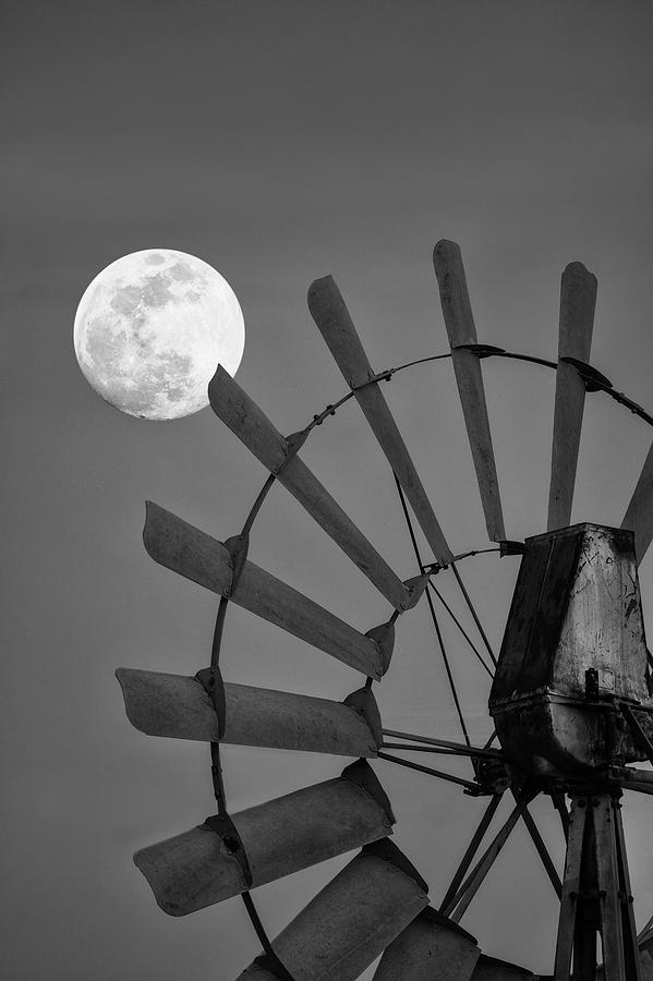 Windmill and Supermoon in black and white 120-1 Photograph by Rob Greebon