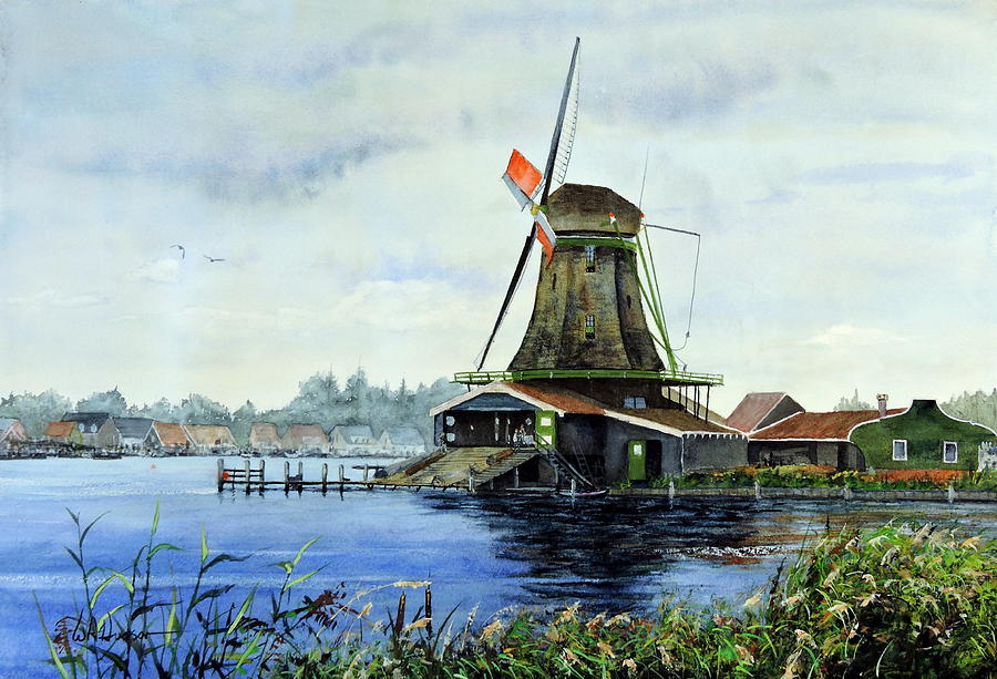 Landscape Painting - Windmill at Zaanse Schans by Bill Hudson