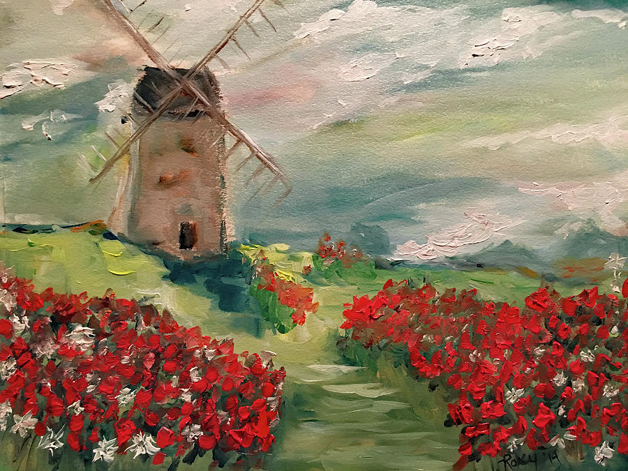 Windmill in a Poppy Field Painting by Roxy Rich