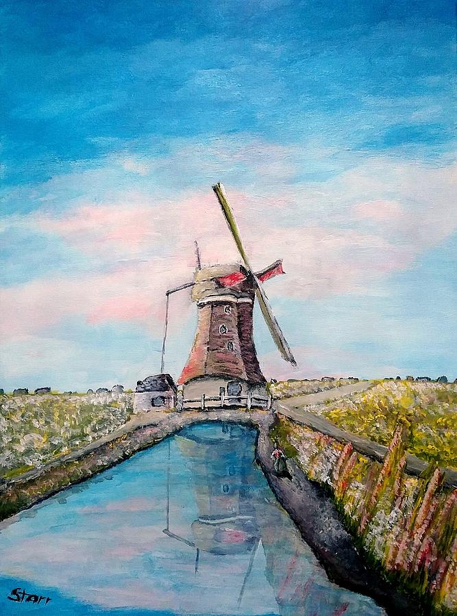 Windmill On A Waterway Painting