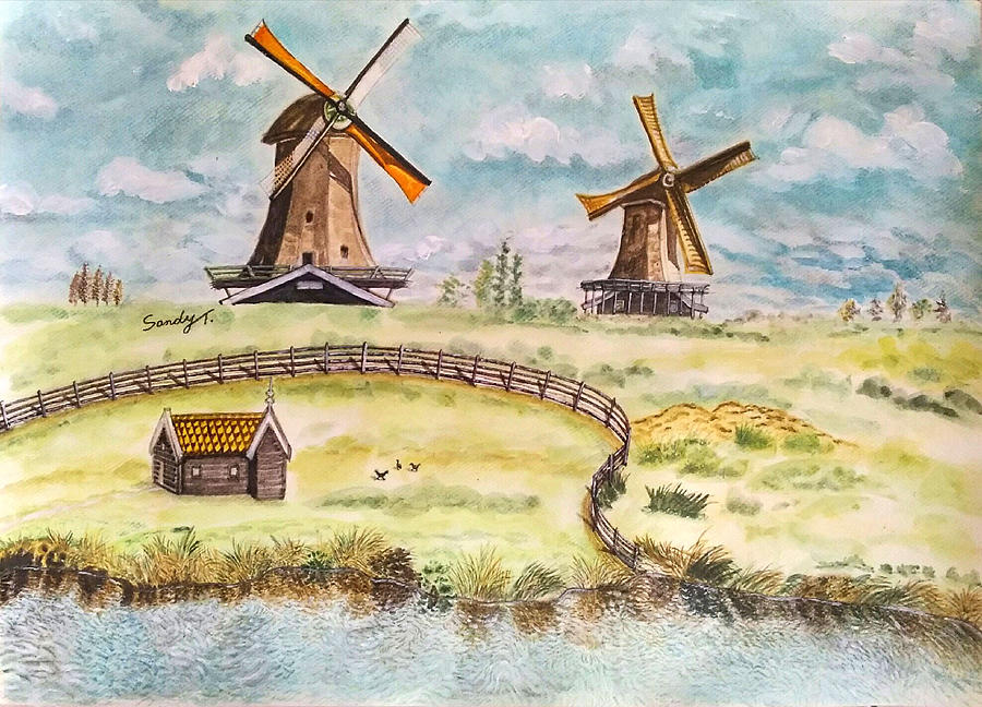 Chicken Painting - Windmills in Zaanse Schans, Netherlands by Jo lan Tao