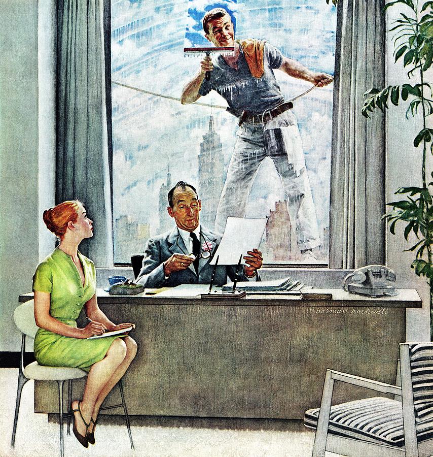 window Washer Painting by Norman Rockwell