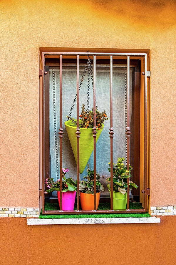 Window With Fuchsia, Orange And Green Pots Of Flowers Photograph by Vivida Photo PC
