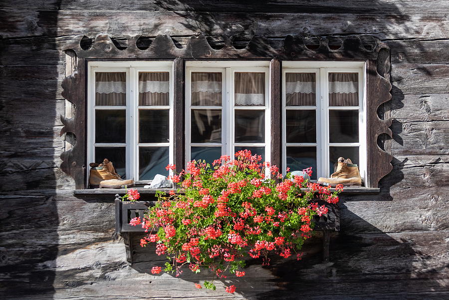 Window With Geraniums, Zermatt, Canton Of Valais, Switzerland Digital Art by Alessandro Bellani