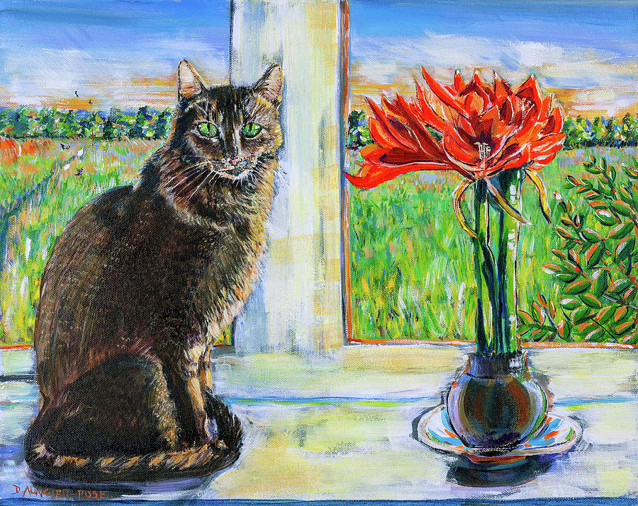 Windowsill Cat With Red Amaryllis Painting by Seeables Visual Arts
