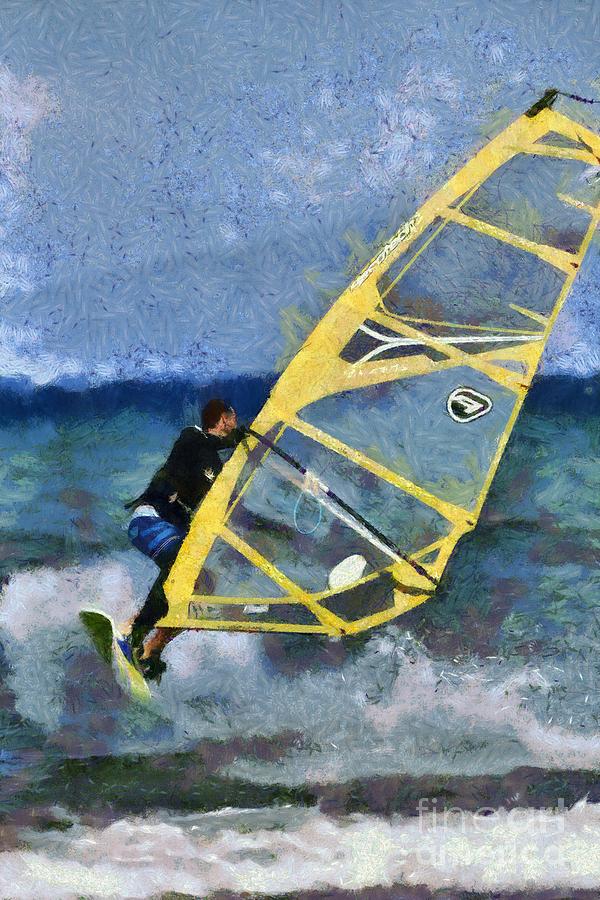 Windsurfing on a windy day Painting by George Atsametakis