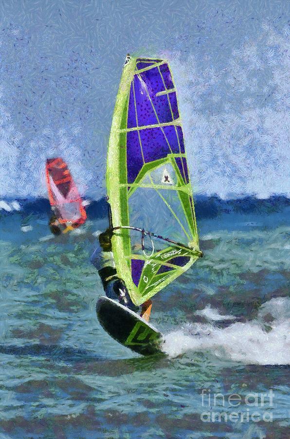 Windsurfing on a windy day I Painting by George Atsametakis