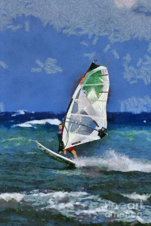 Windsurfing on a windy day II Painting by George Atsametakis