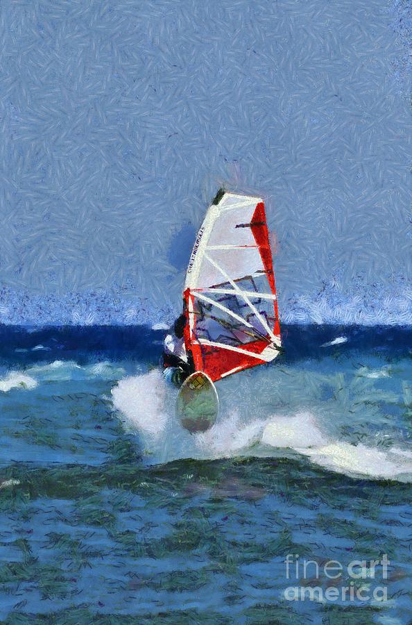 Windsurfing on a windy day III Painting by George Atsametakis