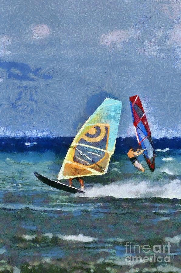 Windsurfing on a windy day IV Painting by George Atsametakis