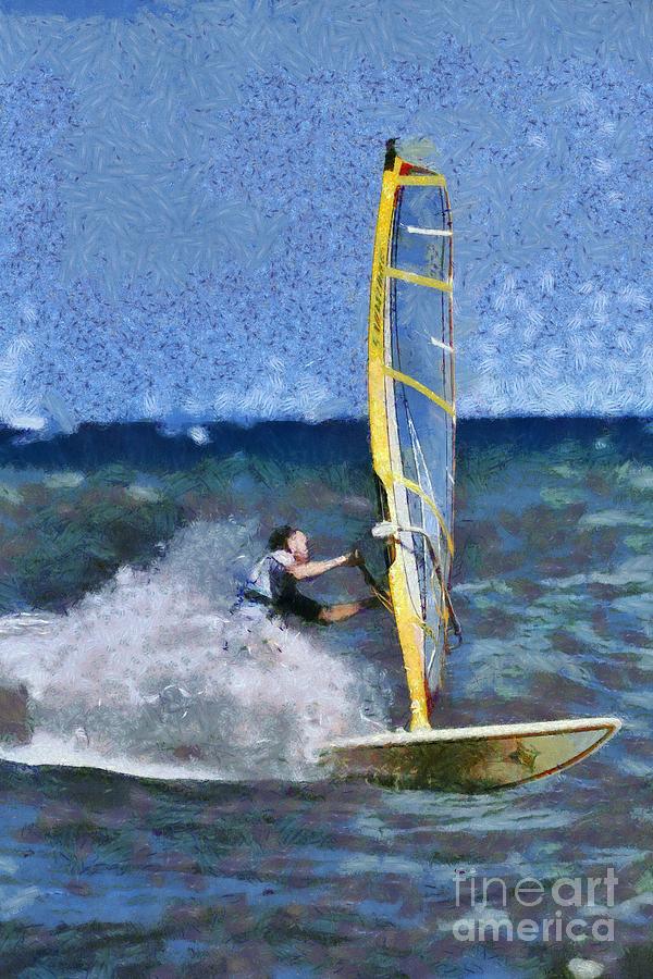 Windsurfing on a windy day V Painting by George Atsametakis