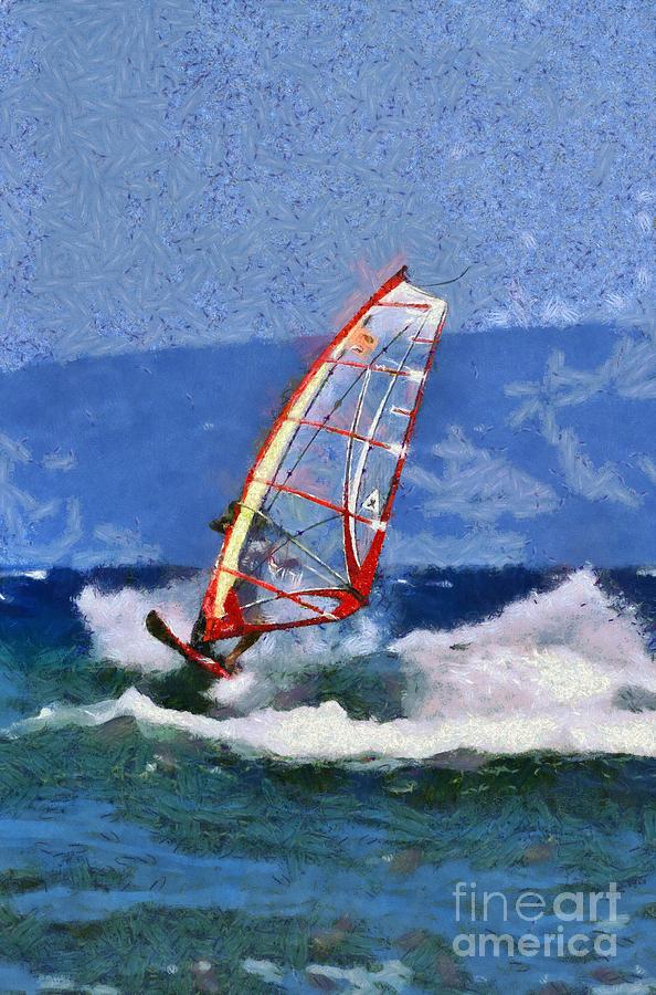 Windsurfing on a windy day VI Painting by George Atsametakis