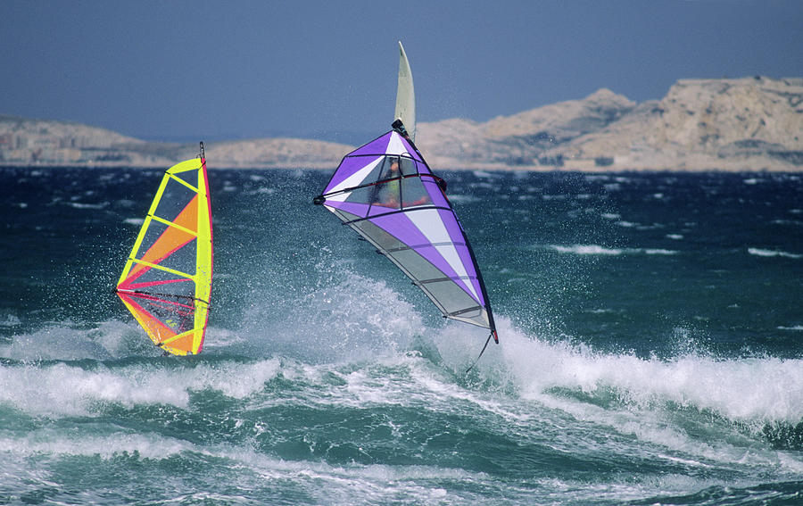 Windsurfing Photograph - Windsurfing On The Sea Mediterranean by P. Eoche