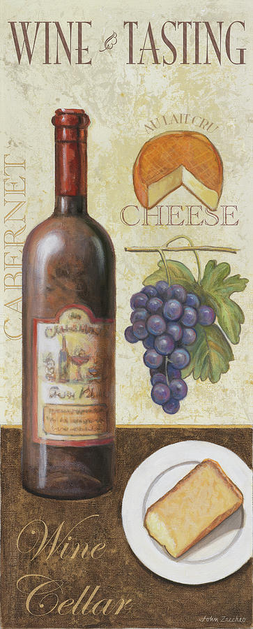 Bottle Of Red Wine Painting - Wine And Cheese 1 by John Zaccheo