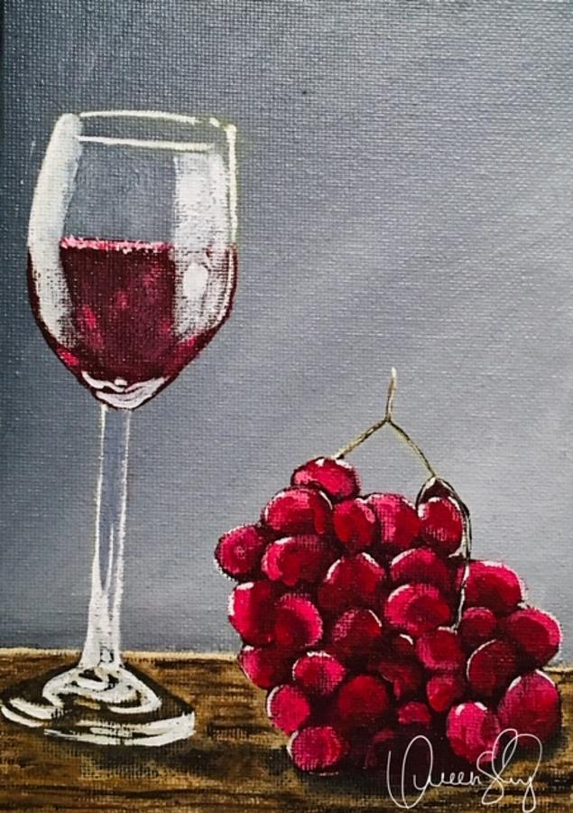 Wine and Grapes Painting by Queen Gardner
