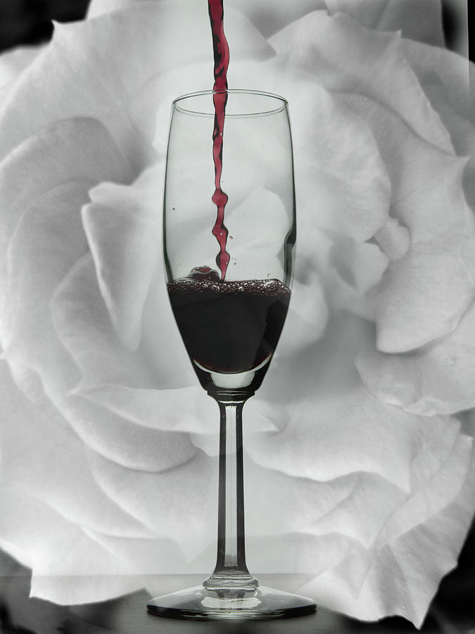 Wine And Rose Black And White Mixed With Color Photograph By