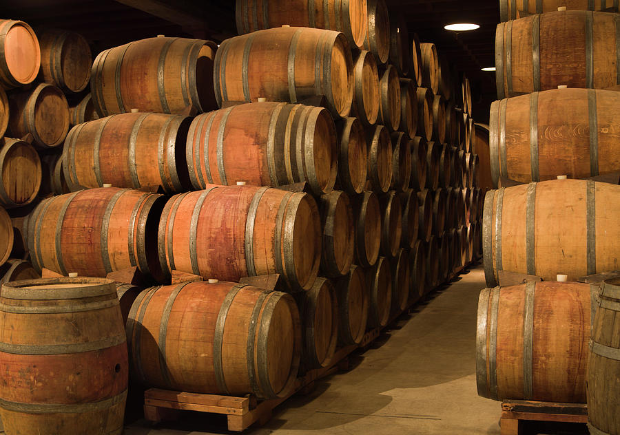 Wine Barrels In Winery Cellar Of Napa Photograph by Yinyang