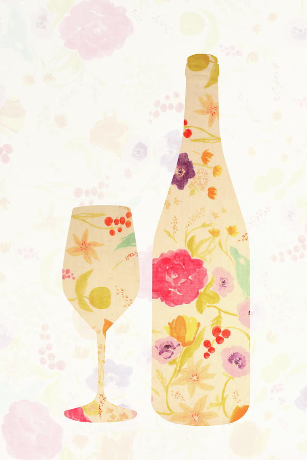 Wine Bottle And Glass In Floral Pattern Digital Art by Kaoru Morimasa/a.collectionrf