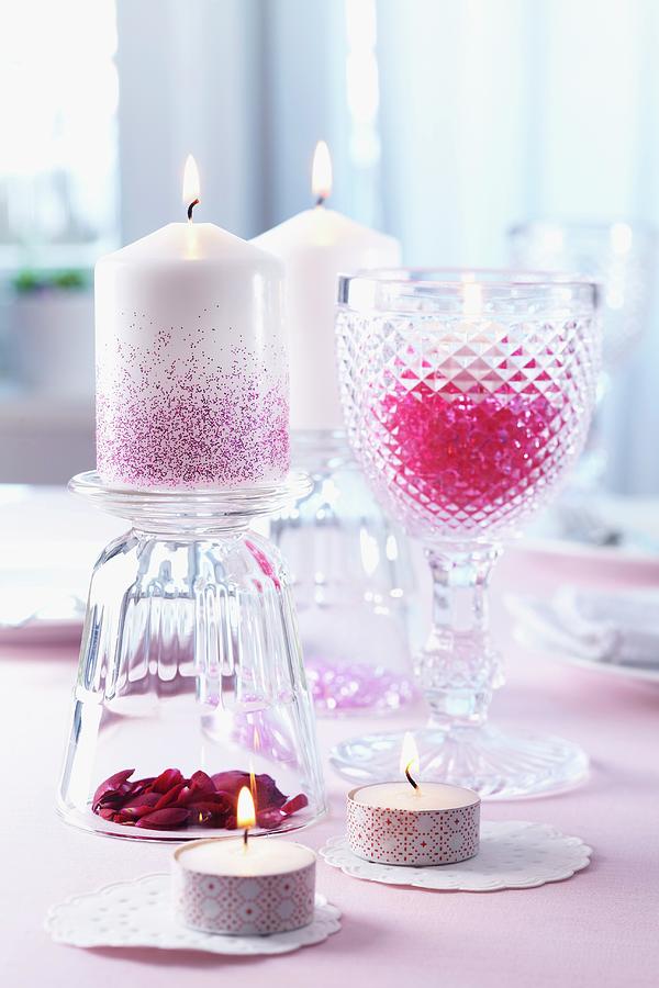 Wine Glasses As Candle Holders And Tea Lights Decorated With Masking Tape Photograph by Taube, Franziska