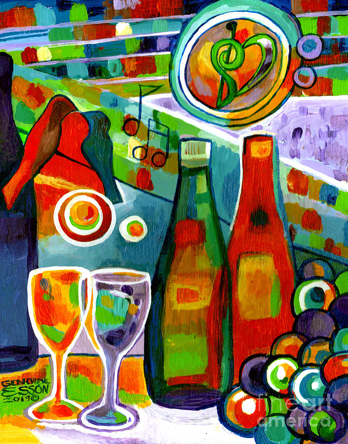 Wine Painting - Wine Lovers abstract With Birds by Genevieve Esson