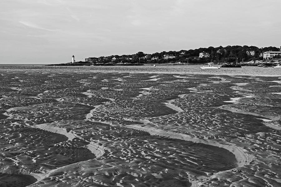 Wingaersheek Beach Sand Patterns Gloucester MA Annisquam Lighthouse Black and White Photograph by Toby McGuire