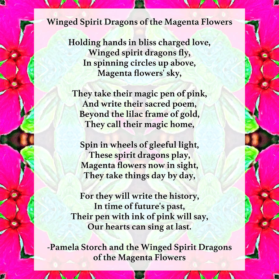 Dragon Digital Art - Winged Spirit Dragons Of The Magenta Flowers Poem by Pamela Storch