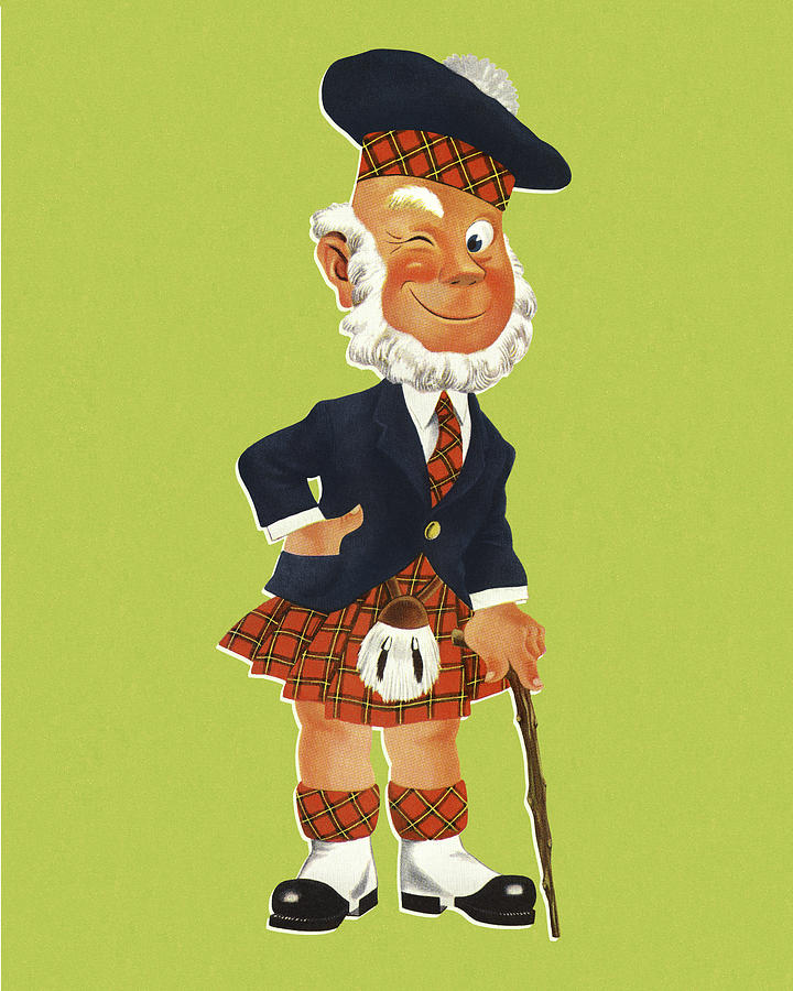 Vintage Drawing - Winking Scottish Man Wearing a Kilt by CSA Images