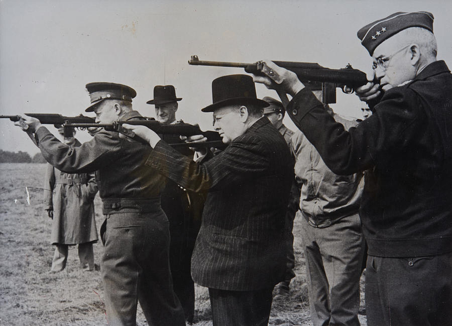 Prime Minister Winston Churchill Firing Tommy Gun BW POSTER 