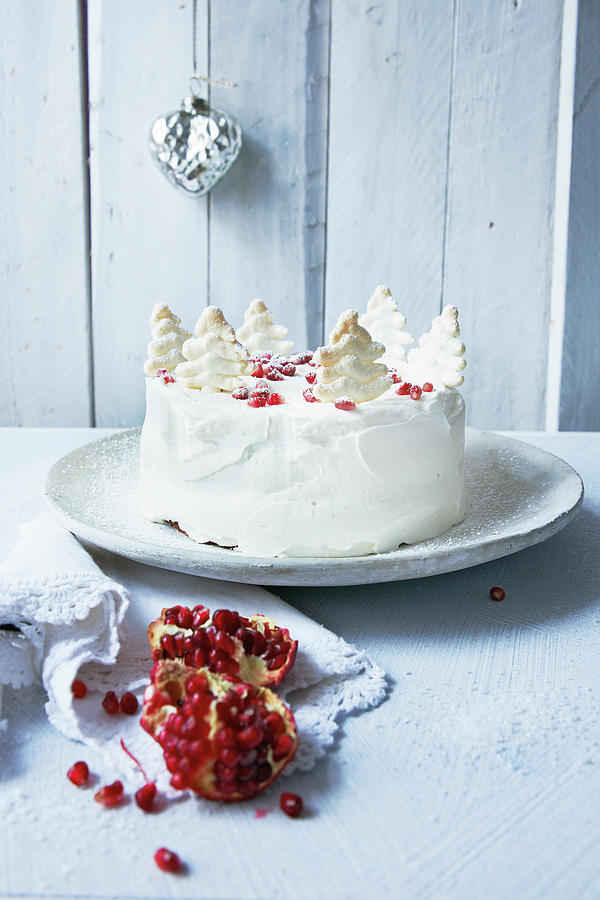 Winter Apple Cake Decorated With Snowy Pine Tree And Pomegranate Seeds Photograph by Tre Torri