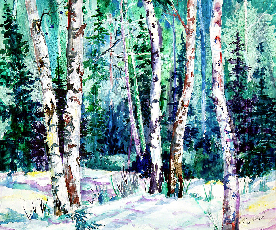 In The Woods Painting - Winter Aspen by Connie Williams