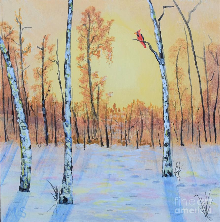 Winter Birches-Cardinal Right Painting by Monika Shepherdson