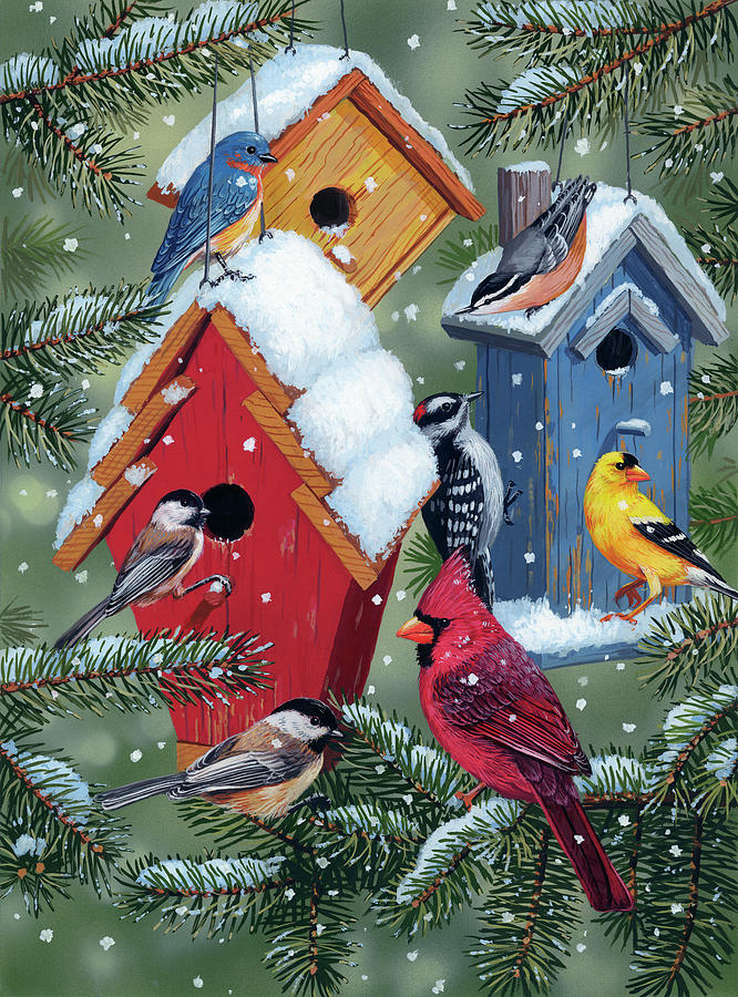 Winter Painting - Winter Birdhouses by William Vanderdasson