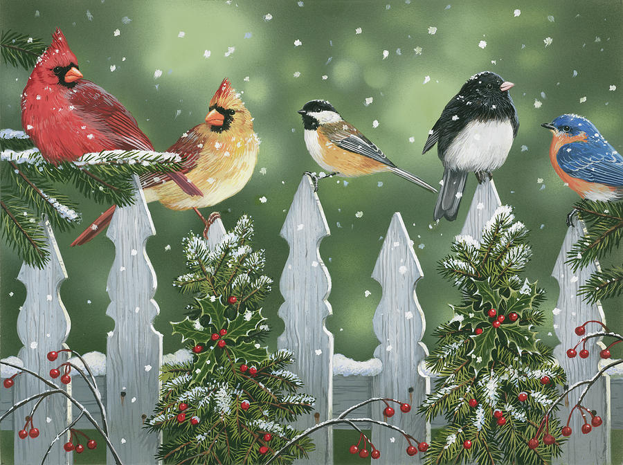 Bird Painting - Winter Birds On A Snowy Fence by William Vanderdasson