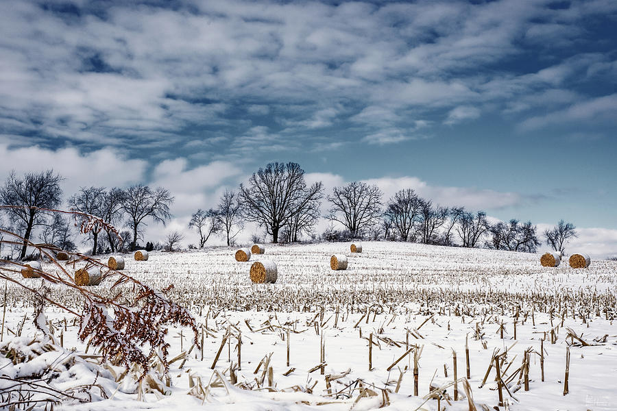 Winter Blues and Bales - snow covered corn stubble and bales near Stoughton WI Photograph by Peter Herman