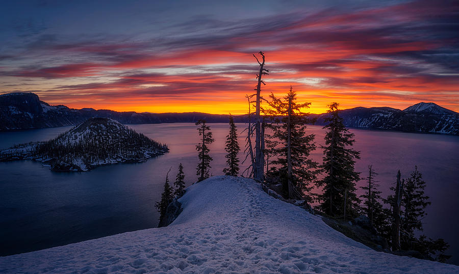 Winter Photograph - Winter Crater Lake Sunrise by Lydia Jacobs