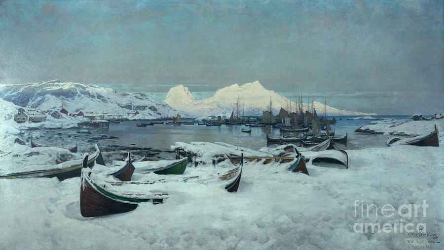 Winter day in Lofoten Painting by O Vaering by Otto Sinding