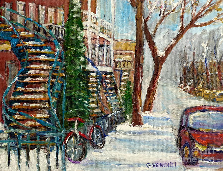 Winter Day In Montreal Street Scene Painting With Winding Staircases Painting For Sale G Venditti    Painting by Grace Venditti