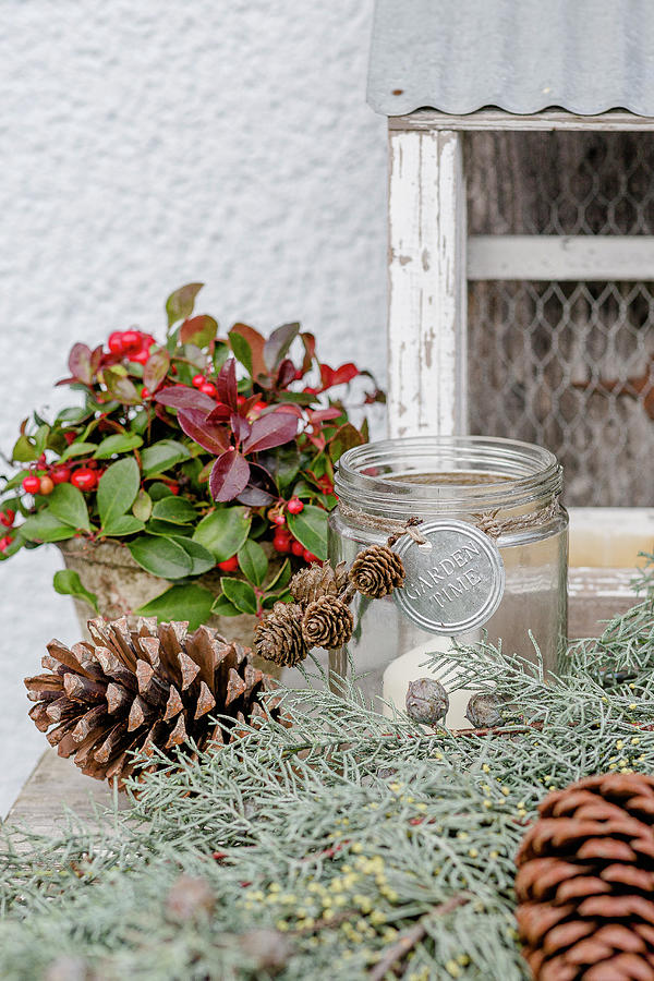 Winter Decoration With Gaultheria, Pinecones, Lantern, And A Cypress Branch Photograph by Christel Harnisch