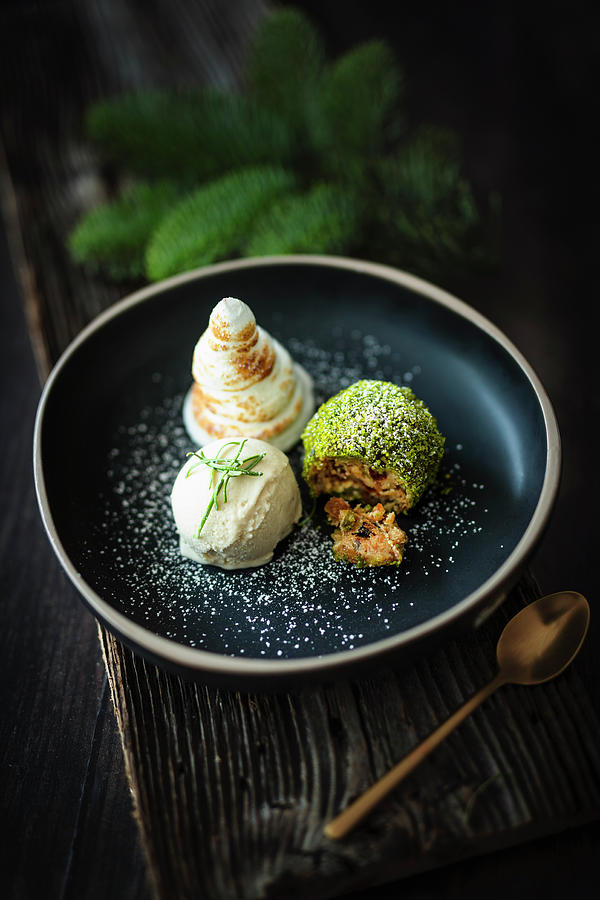 Winter Dessert With Pine Ice Cream, Meringue Cream Trees And Stollen Dumplings Photograph by Jan Wischnewski