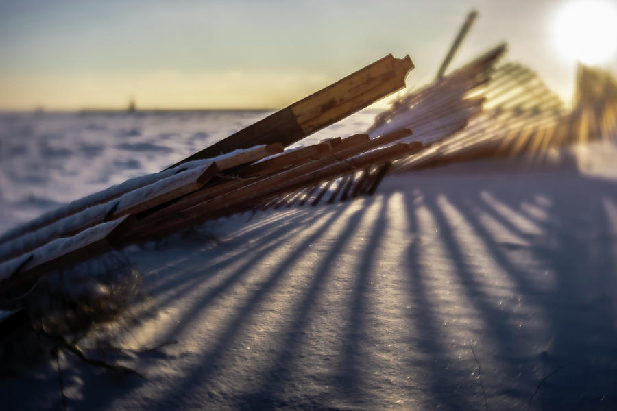 Winter dunes fence at sunrise  Photograph by Sven Brogren